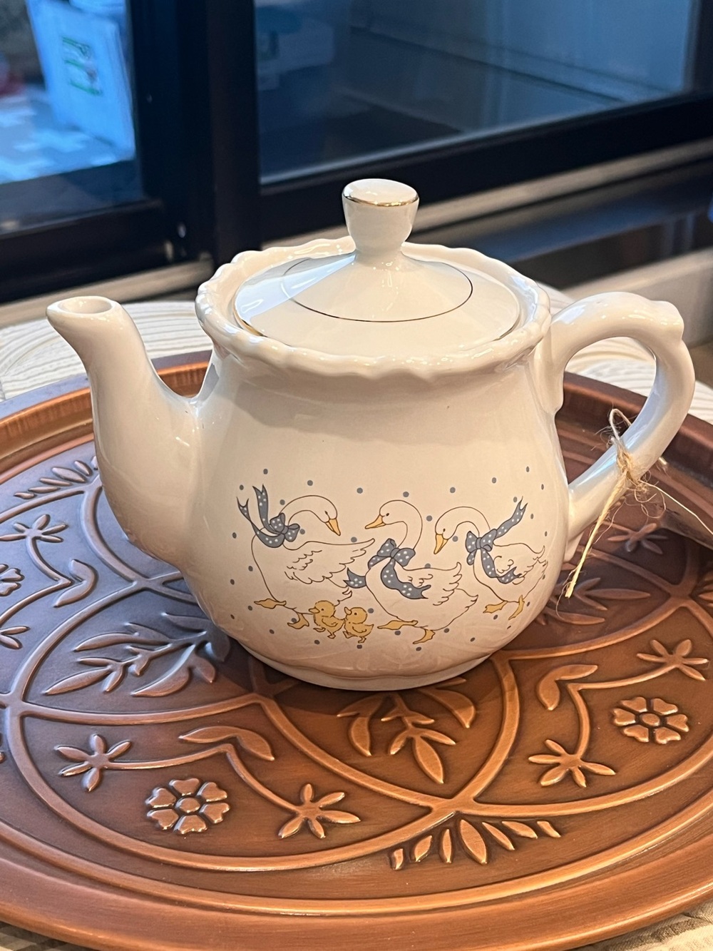 Cottage Core vintage White & Blue Goose Teapot with Blue Accents -